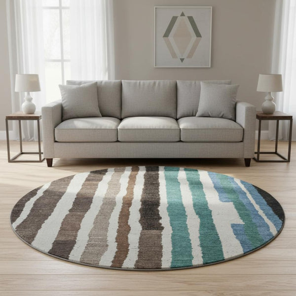 HomeRoots 8' X 10' Stylish Brown, Teal & Ivory Striped Washable Area Rug with UV Protection for High Traffic Areas 709484
