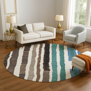HomeRoots 8' X 10' Stylish Brown, Teal & Ivory Striped Washable Area Rug with UV Protection for High Traffic Areas 709484