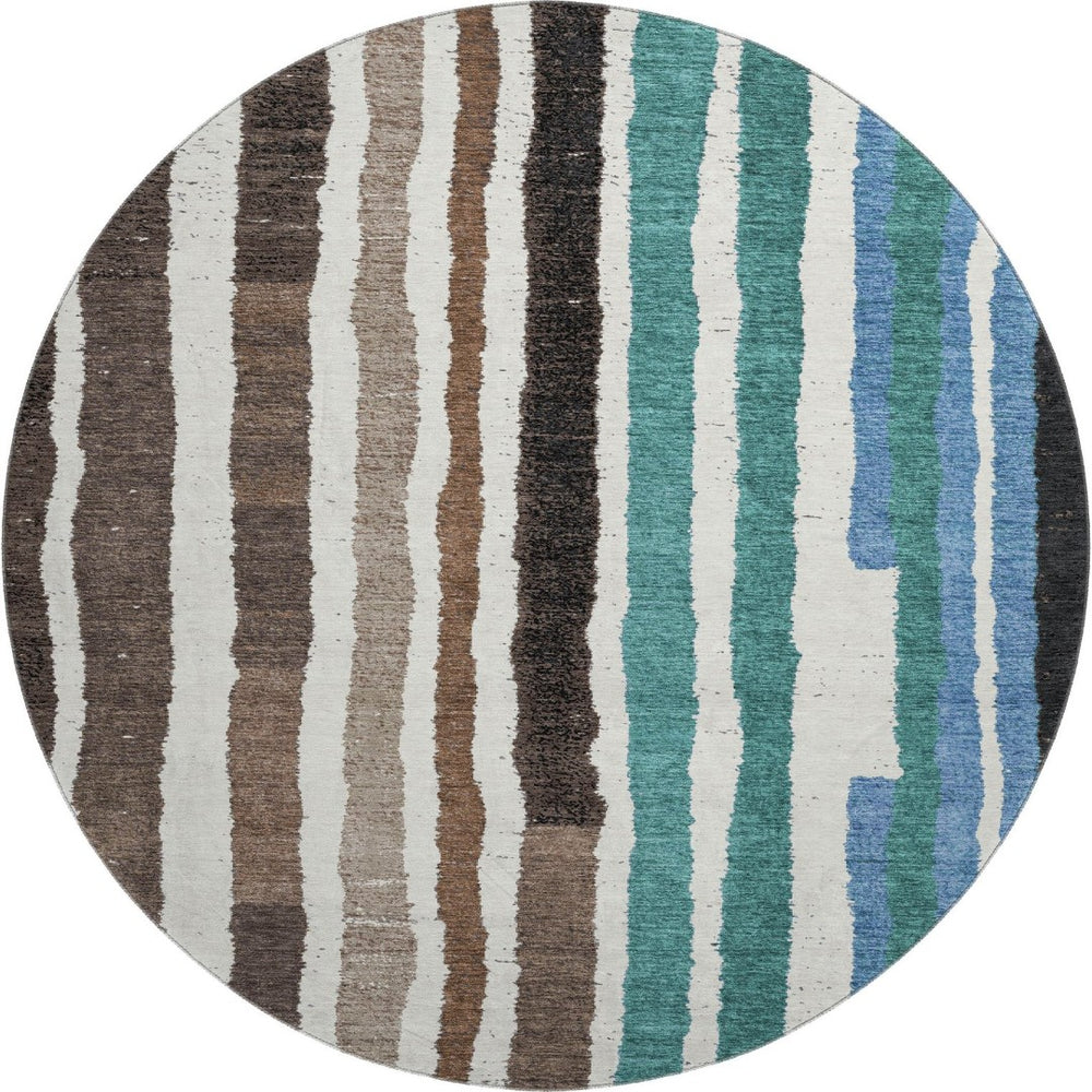 HomeRoots 8' X 10' Stylish Brown, Teal & Ivory Striped Washable Area Rug with UV Protection for High Traffic Areas 709484
