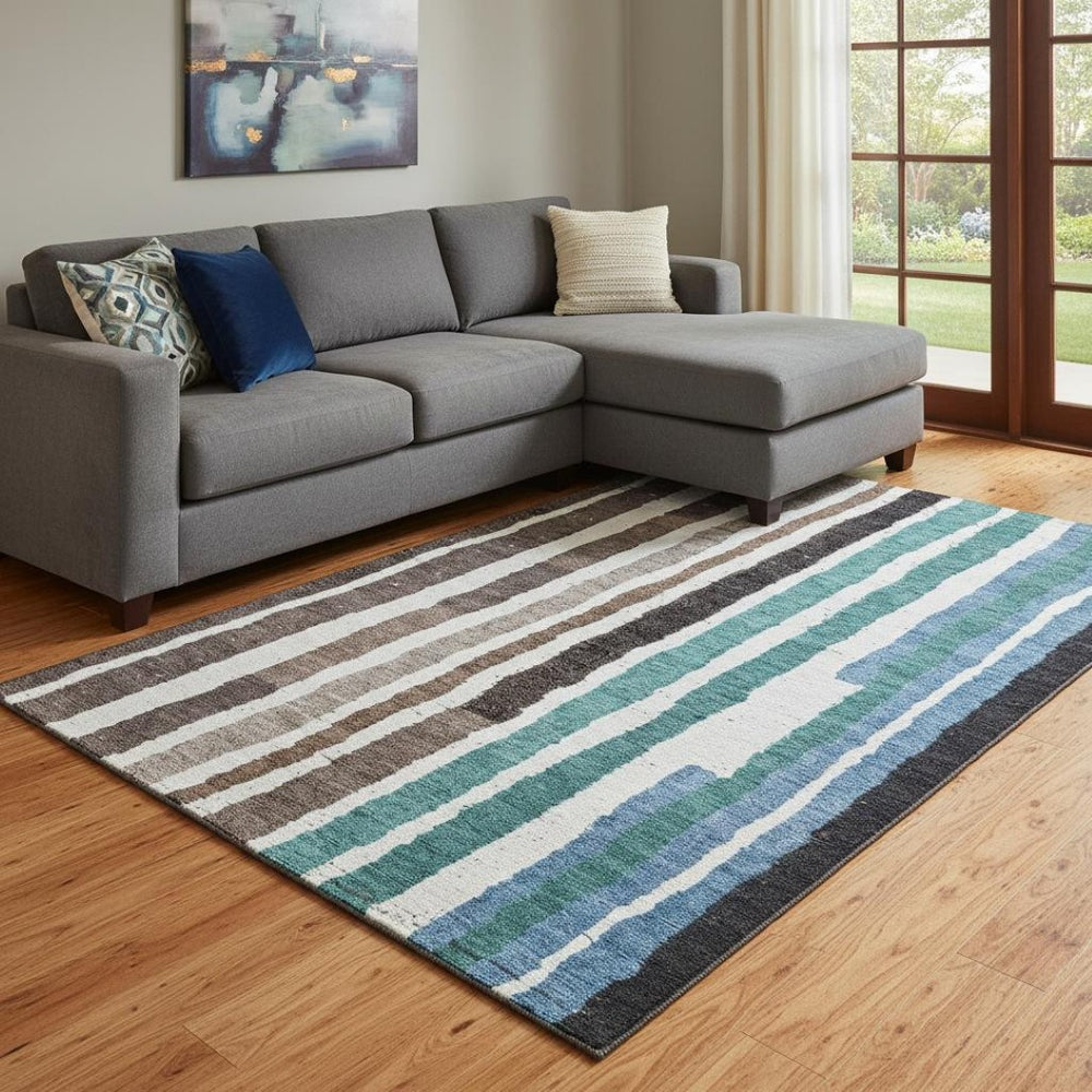 HomeRoots 9' Stylish Brown, Teal & Ivory Striped Washable Area Rug – UV Protected, Pet-Friendly & Durable! 709485
