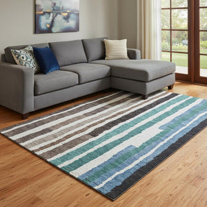 HomeRoots 9' Stylish Brown, Teal & Ivory Striped Washable Area Rug – UV Protected, Pet-Friendly & Durable! 709485