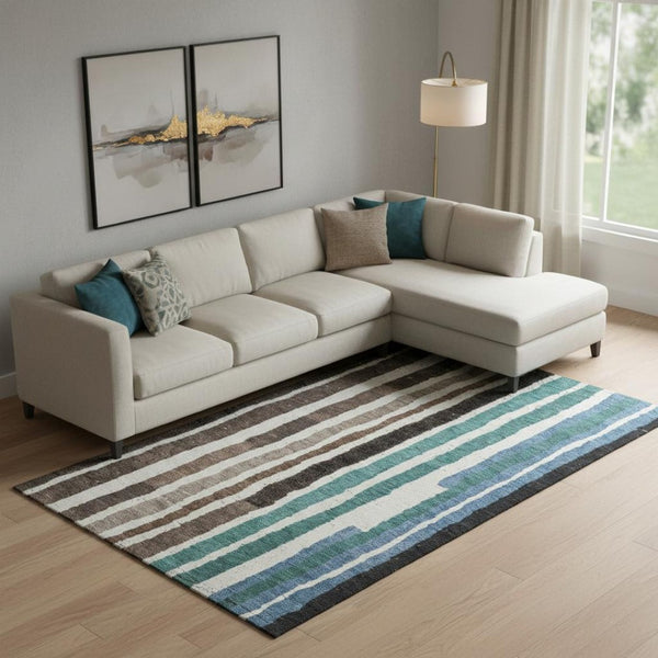 HomeRoots 10' Oversized Brown, Teal & Ivory Striped Area Rug - Washable, Stain Resistant, UV Protected Design 709486