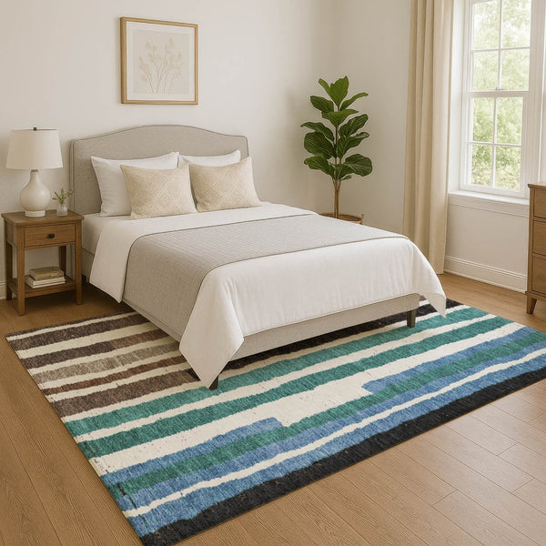 HomeRoots 10' Oversized Brown, Teal & Ivory Striped Area Rug - Washable, Stain Resistant, UV Protected Design 709486