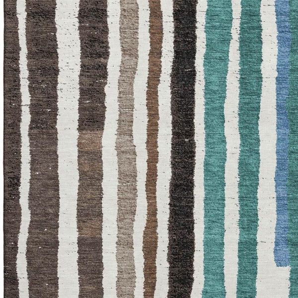 HomeRoots 10' Oversized Brown, Teal & Ivory Striped Area Rug - Washable, Stain Resistant, UV Protected Design 709486