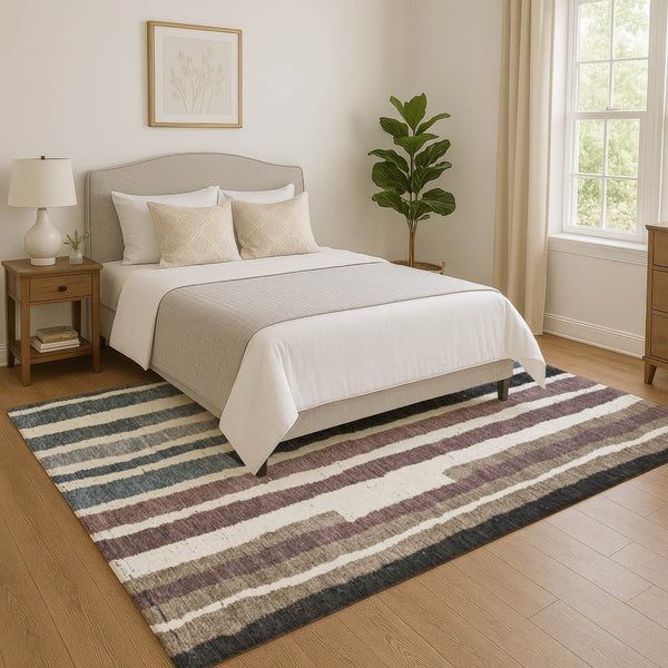HomeRoots 5' X 8' Denim Blue Striped Washable Area Rug - Durable, Soft, UV Protected for High-Traffic Spaces 709488