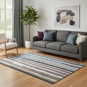 HomeRoots 8' Coastal Charm Denim Blue, Ivory & Taupe Striped Washable Round Rug with UV & Stain Protection 709489