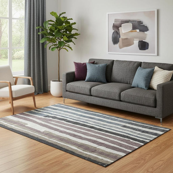 HomeRoots 8' Coastal Charm Denim Blue, Ivory & Taupe Striped Washable Round Rug with UV & Stain Protection 709489