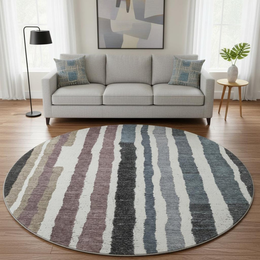 HomeRoots 8' X 10' Striped Washable Area Rug in Denim Blue, Ivory & Taupe - UV Protection for Busy Homes! 709490