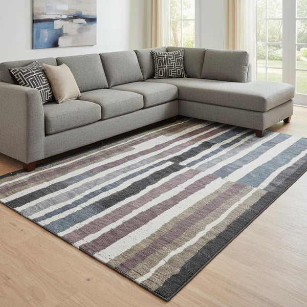 HomeRoots 9' X 12' Stylish Denim Blue Striped Washable Area Rug with UV Protection for High-Traffic Spaces 709491