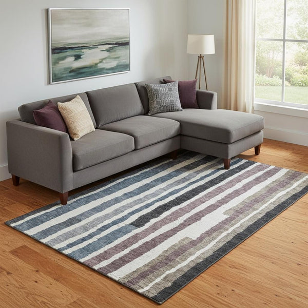 HomeRoots 10' X 14' Denim Blue Striped Area Rug - UV Protected, Stain-Resistant, Perfect for High-Traffic Areas 709492