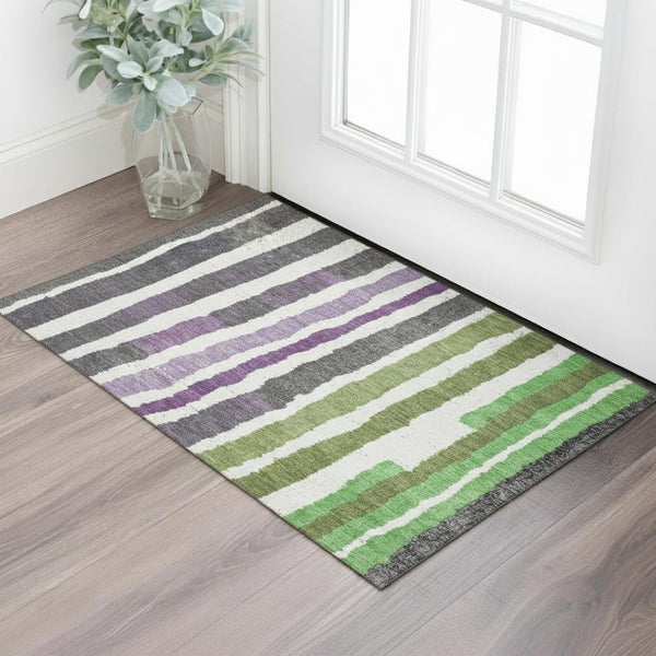 HomeRoots 5' X 8' Striped Washable Area Rug in Gray, Purple & Green – UV Protected, Stain Resistant & Stylish 709494