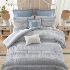 English Elm 7-piece King Jacquard Comforter Set Lace Detail Chambray Cottage Bedroom Ensemble Blue B035P482887