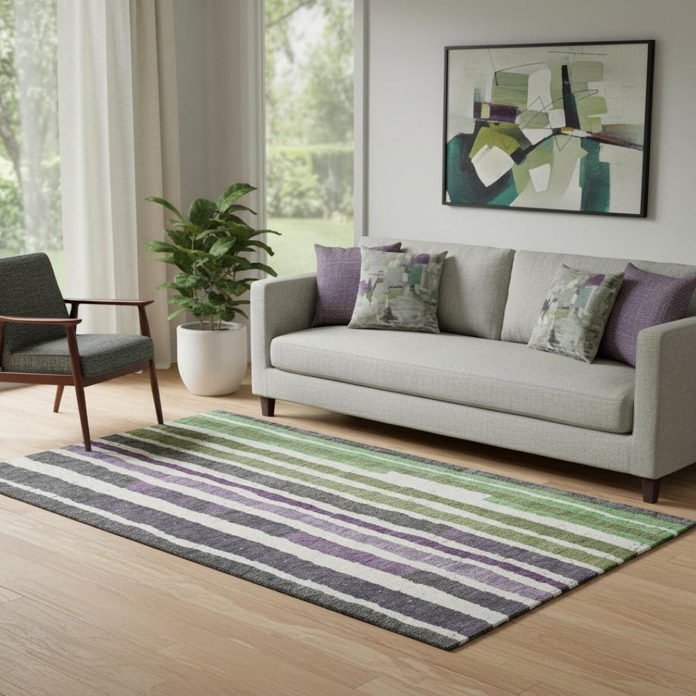 HomeRoots 8' Striped Washable Round Rug in Gray, Purple, and Green with UV Protection for Modern Spaces 709495