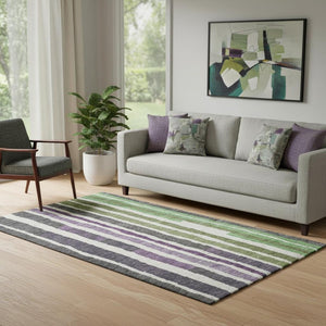 HomeRoots 8' Striped Washable Round Rug in Gray, Purple, and Green with UV Protection for Modern Spaces 709495