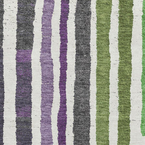HomeRoots 8' Striped Washable Round Rug in Gray, Purple, and Green with UV Protection for Modern Spaces 709495
