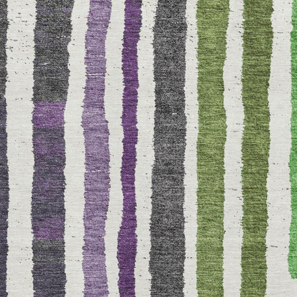 HomeRoots 8' Striped Washable Round Rug in Gray, Purple, and Green with UV Protection for Modern Spaces 709495