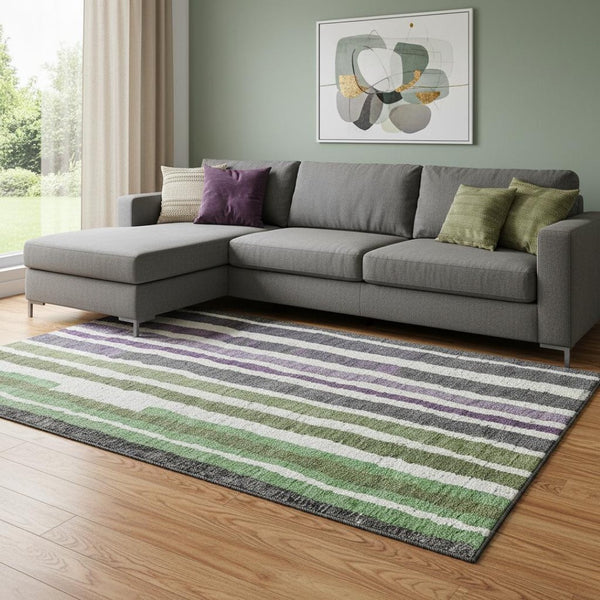 HomeRoots 9' X 12' Stylish Gray, Purple & Green Striped Washable Area Rug - UV Resistant & Low Maintenance Design 709497