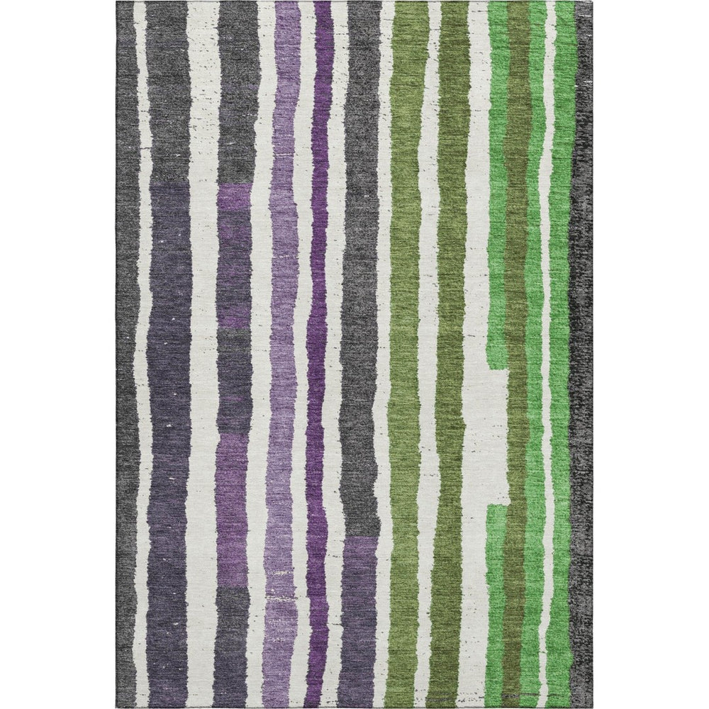 HomeRoots 9' X 12' Stylish Gray, Purple & Green Striped Washable Area Rug - UV Resistant & Low Maintenance Design 709497