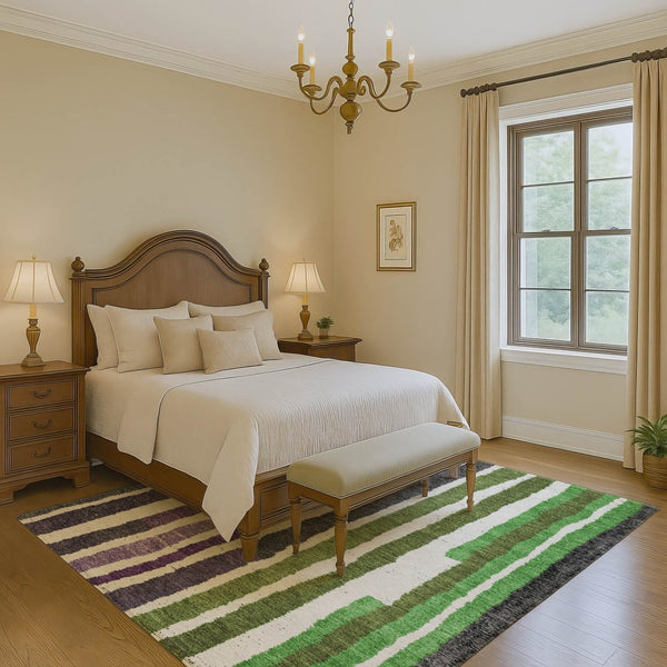 HomeRoots 9' X 12' Stylish Gray, Purple & Green Striped Washable Area Rug - UV Resistant & Low Maintenance Design 709497