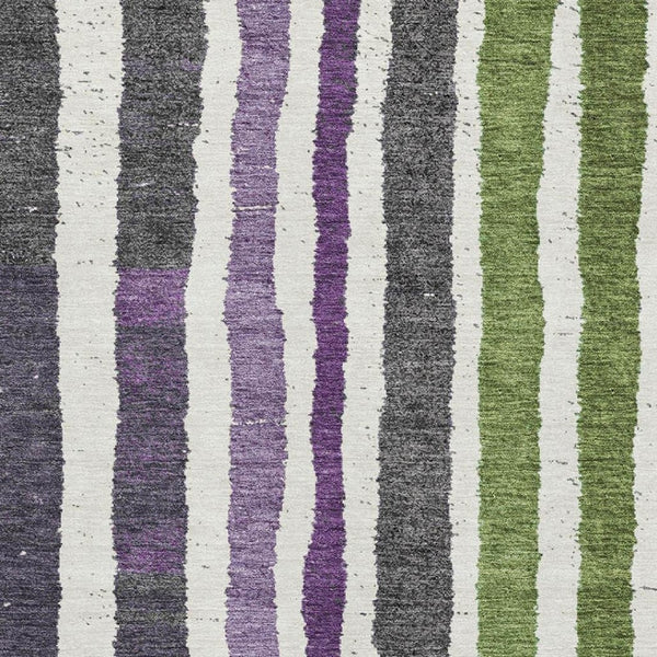 HomeRoots 9' X 12' Stylish Gray, Purple & Green Striped Washable Area Rug - UV Resistant & Low Maintenance Design 709497
