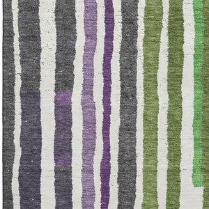 HomeRoots 9' X 12' Stylish Gray, Purple & Green Striped Washable Area Rug - UV Resistant & Low Maintenance Design 709497