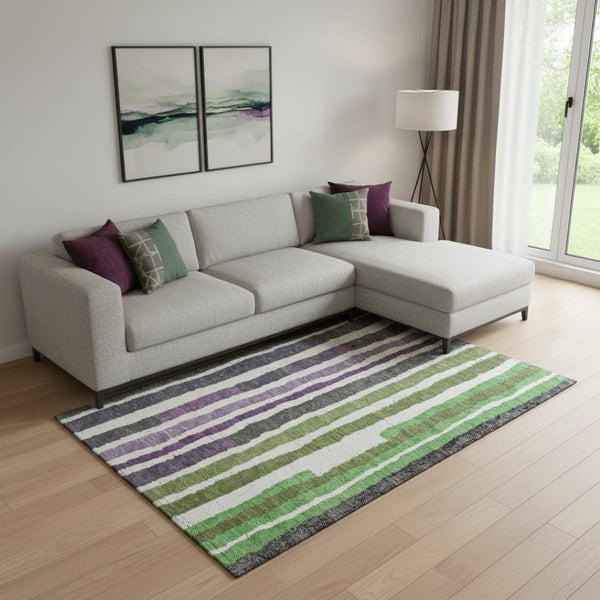 HomeRoots 10' Gray, Purple & Green Striped Washable Area Rug - UV Protected, Stain Resistant & Family Friendly! 709498