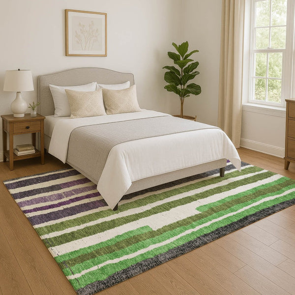 HomeRoots 10' Gray, Purple & Green Striped Washable Area Rug - UV Protected, Stain Resistant & Family Friendly! 709498