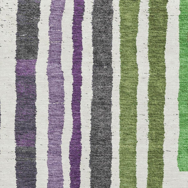 HomeRoots 10' Gray, Purple & Green Striped Washable Area Rug - UV Protected, Stain Resistant & Family Friendly! 709498