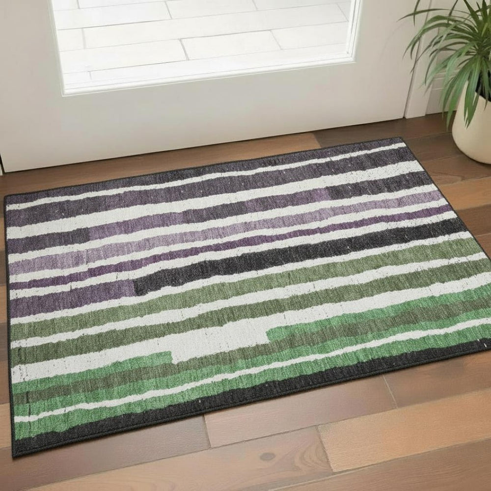 HomeRoots 5' X 8' Washable Striped Area Rug in Purple, Green & Ivory - Durable, UV-Protected, Non-Slip Design 709500