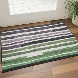 HomeRoots 5' X 8' Washable Striped Area Rug in Purple, Green & Ivory - Durable, UV-Protected, Non-Slip Design 709500
