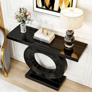 English Elm Mirrored Console Table with Diamond Inlay Double O Base Glam Entryway Accent Black W3836P420858