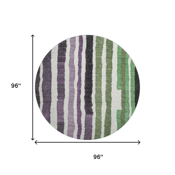 HomeRoots 8' X 10' Striped Washable Area Rug in Vibrant Purple, Green & Ivory - UV Resistant & Family-Friendly 709502