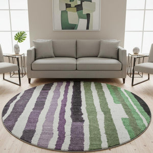 HomeRoots 8' X 10' Striped Washable Area Rug in Vibrant Purple, Green & Ivory - UV Resistant & Family-Friendly 709502