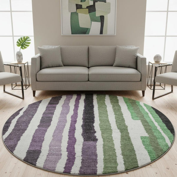 HomeRoots 8' X 10' Striped Washable Area Rug in Vibrant Purple, Green & Ivory - UV Resistant & Family-Friendly 709502
