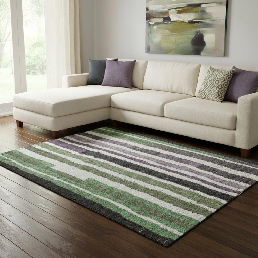 HomeRoots 9' X 12' Striped Washable Area Rug in Purple, Green & Ivory - UV Protected, Stain Resistant, Ideal for Families 709503
