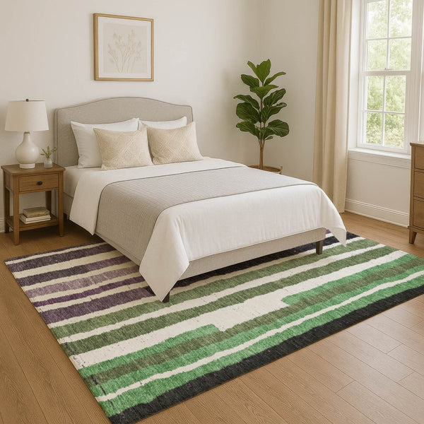 HomeRoots 9' X 12' Striped Washable Area Rug in Purple, Green & Ivory - UV Protected, Stain Resistant, Ideal for Families 709503