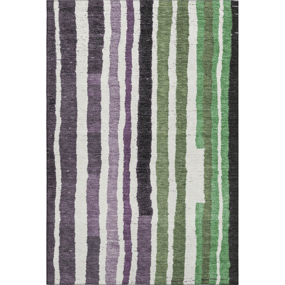 HomeRoots 9' X 12' Striped Washable Area Rug in Purple, Green & Ivory - UV Protected, Stain Resistant, Ideal for Families 709503