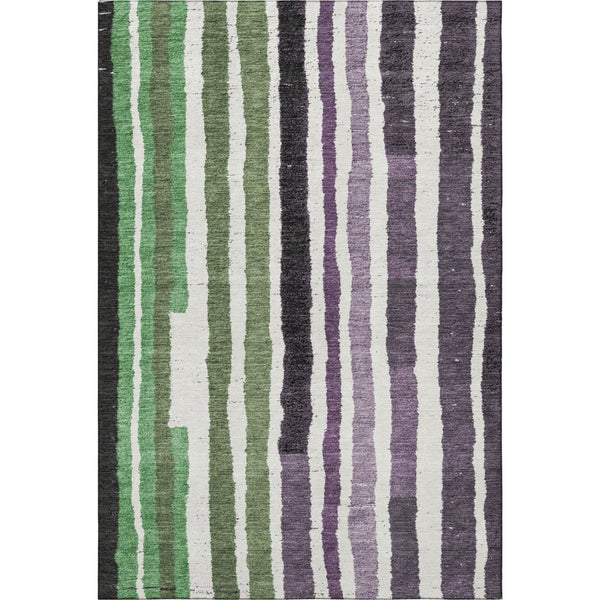 HomeRoots 9' X 12' Striped Washable Area Rug in Purple, Green & Ivory - UV Protected, Stain Resistant, Ideal for Families 709503