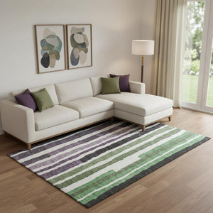 HomeRoots 10' X 14' Washable Area Rug in Purple, Green & Ivory Stripes - Durable, UV-Resistant & Stylish! 709504