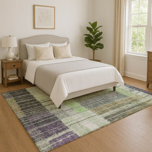 HomeRoots 5' X 8' Striped Washable Area Rug in Artichoke Green, Purple & Charcoal - UV Protected & Durable Design 709506