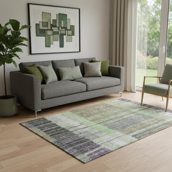 HomeRoots 8' Stylish Artichoke Green & Purple Striped Round Rug – Washable, UV-Protected, Stain-Resistant! 709507