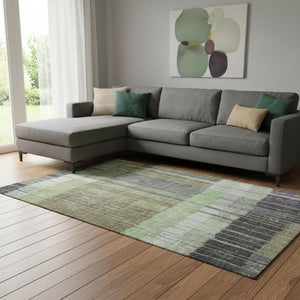 HomeRoots 9' X 12' Artichoke Green, Purple & Charcoal Striped Washable Rug with UV Protection for Durability 709509
