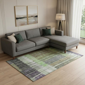 HomeRoots 10' Artichoke Green, Purple & Charcoal Striped Washable Area Rug with UV Protection for Easy Care 709510