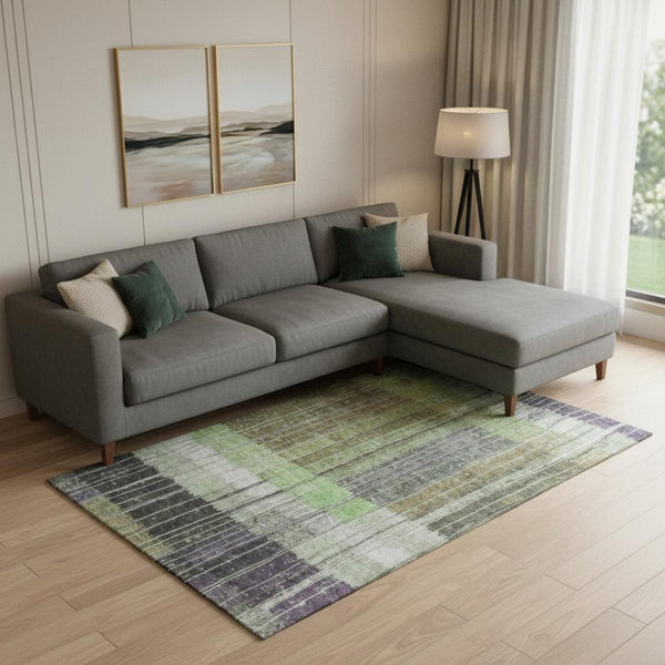 HomeRoots 10' Artichoke Green, Purple & Charcoal Striped Washable Area Rug with UV Protection for Easy Care 709510