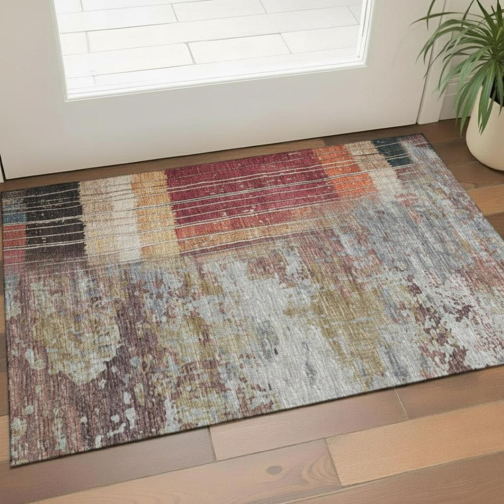 HomeRoots 5' Washable Beige, Red & Blue Striped Area Rug with UV Protection – Perfect for Family Spaces! 709512