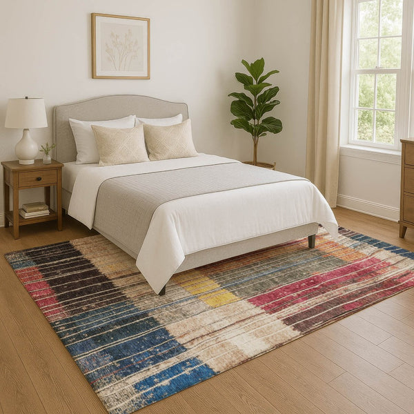 HomeRoots 5' Washable Beige, Red & Blue Striped Area Rug with UV Protection – Perfect for Family Spaces! 709512