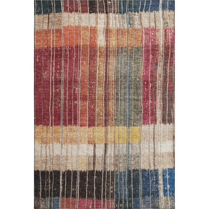 HomeRoots 5' Washable Beige, Red & Blue Striped Area Rug with UV Protection – Perfect for Family Spaces! 709512