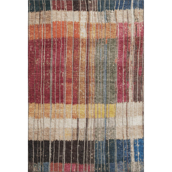 HomeRoots 5' Washable Beige, Red & Blue Striped Area Rug with UV Protection – Perfect for Family Spaces! 709512