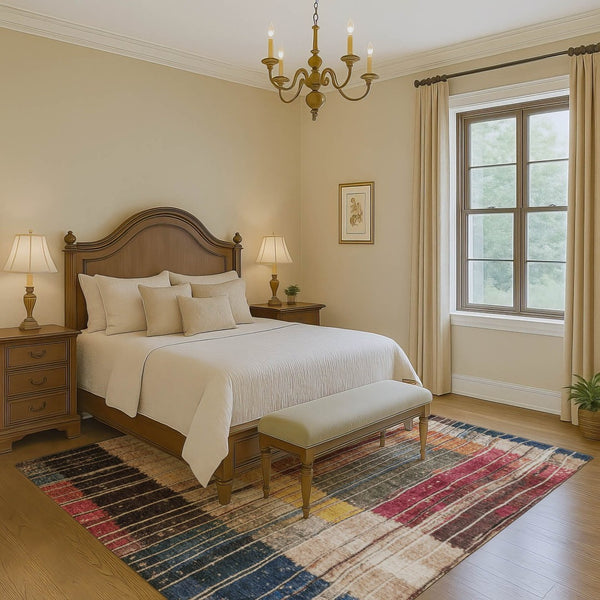 HomeRoots 5' Washable Beige, Red & Blue Striped Area Rug with UV Protection – Perfect for Family Spaces! 709512