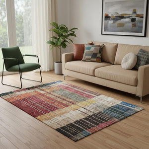 HomeRoots 8' Washable Round Rug in Beige, Red & Blue Stripes - Durable, UV-Protected, Perfect for High-Traffic Areas 709513